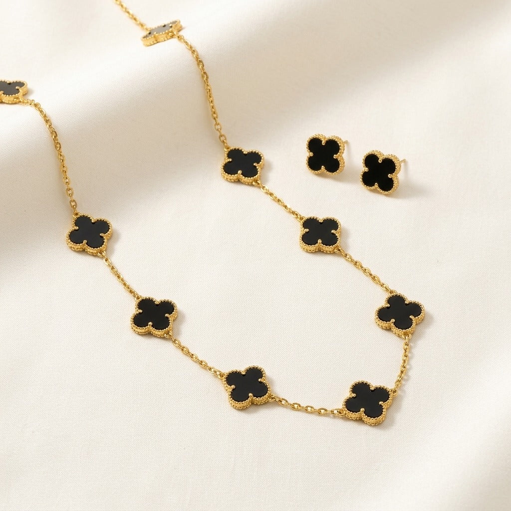 Elegant Black Four-Leaf Clover Jewellery Set | 4-Piece Gold-Plated Stainless Steel Necklace, Bracelet, Ring & Earrings | Anti-Tarnish