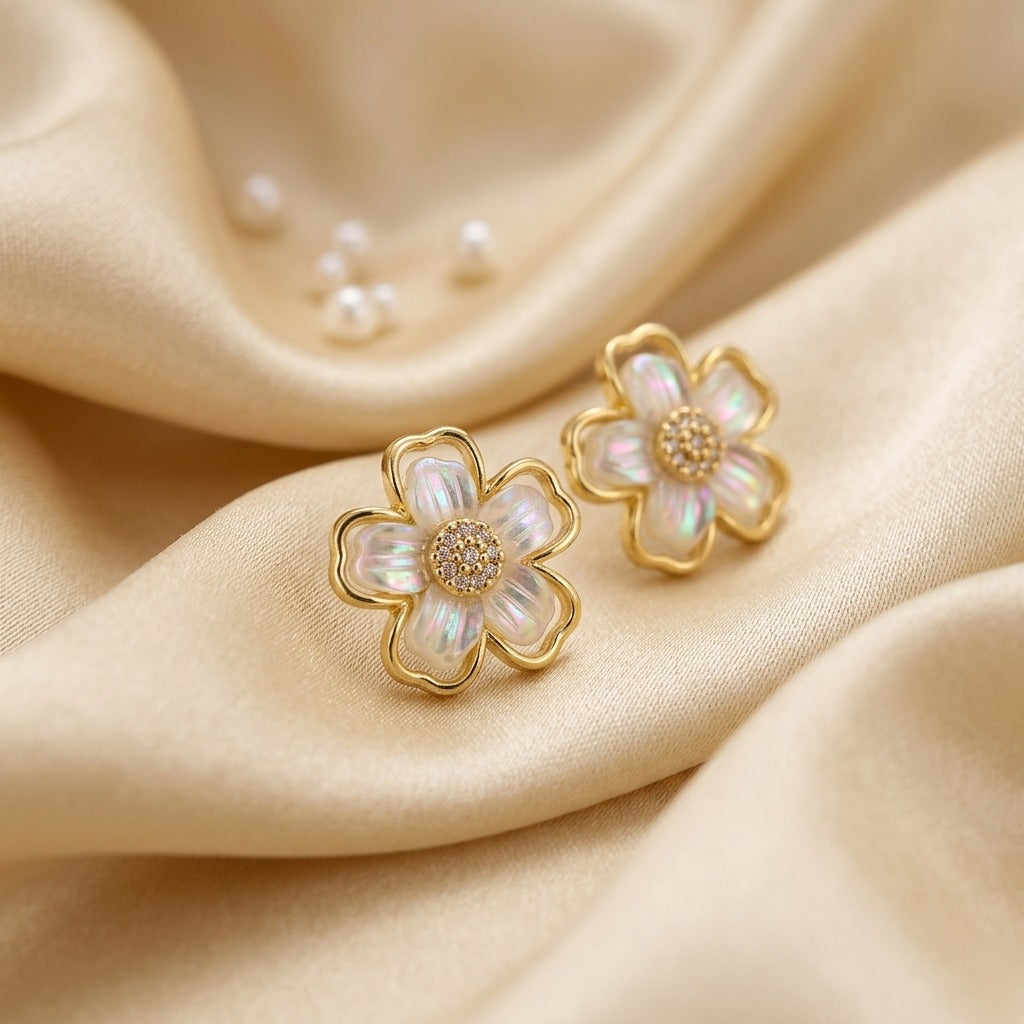 Korean Style Gold-Plated Pearl Flower Stud Earrings for Women | White Floral Enamel Earrings | Lightweight Trendy & Elegant Jewellery