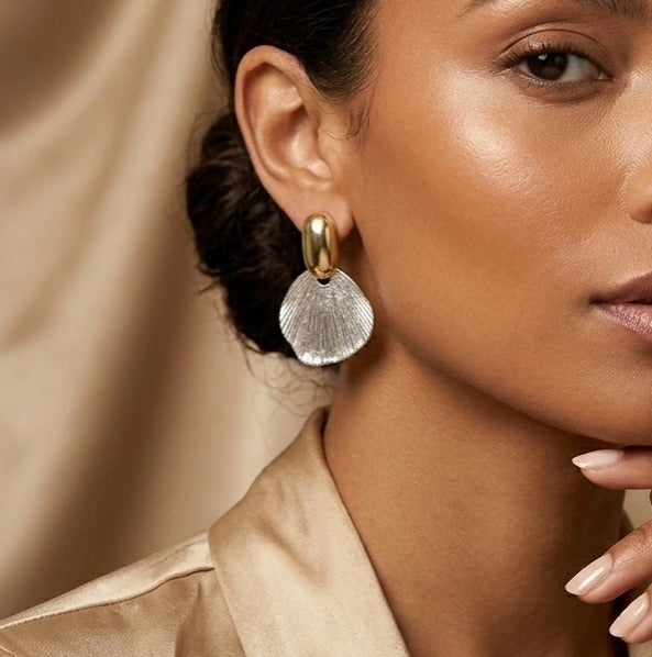 Gold-Tone Seashell Drop Earrings for Women | Textured Shell-Inspired Statement Earrings | Lightweight Coastal Minimalist Jewellery