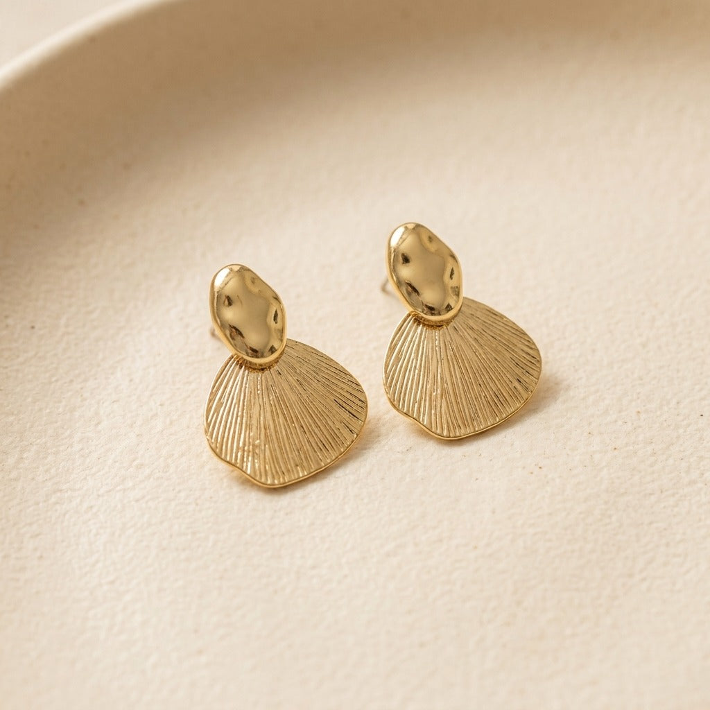 Korean Style Gold-Plated Shell Shaped Earrings for Women | Textured Fan Design Drop Studs | Lightweight Minimalist Statement Jewellery