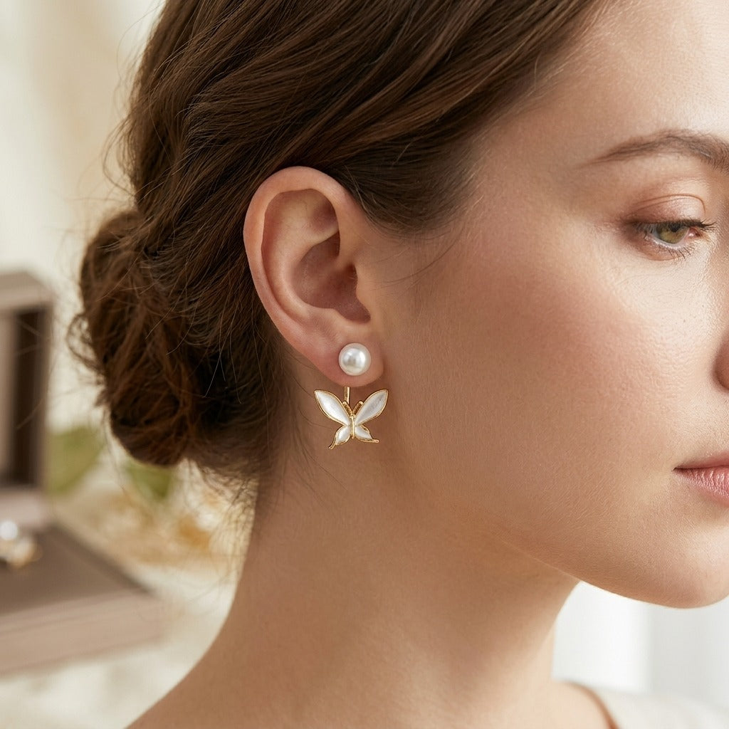 Korean Style Pearl Butterfly Earrings for Women | Gold-Plated White Enamel Butterfly Studs | Lightweight Cute & Elegant Jewellery