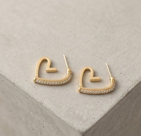 Heart Hoop Earrings for Women | Gold-Tone CZ Heart Earrings | Dainty Huggie Earrings | Korean Style Trendy Fashion Jewellery