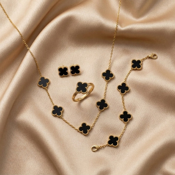 Elegant Black Four-Leaf Clover Jewellery Set | 4-Piece Gold-Plated Stainless Steel Necklace, Bracelet, Ring & Earrings | Anti-Tarnish