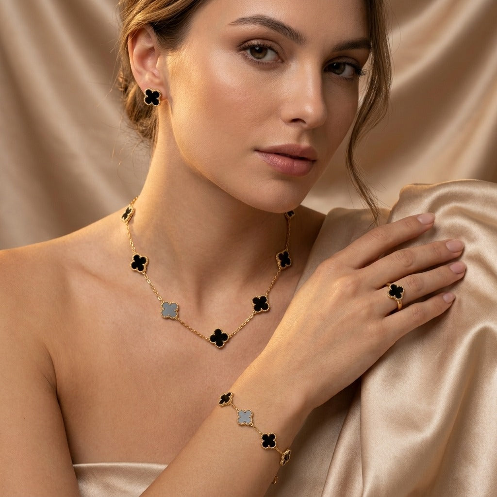 Elegant Black Four-Leaf Clover Jewellery Set | 4-Piece Gold-Plated Stainless Steel Necklace, Bracelet, Ring & Earrings | Anti-Tarnish