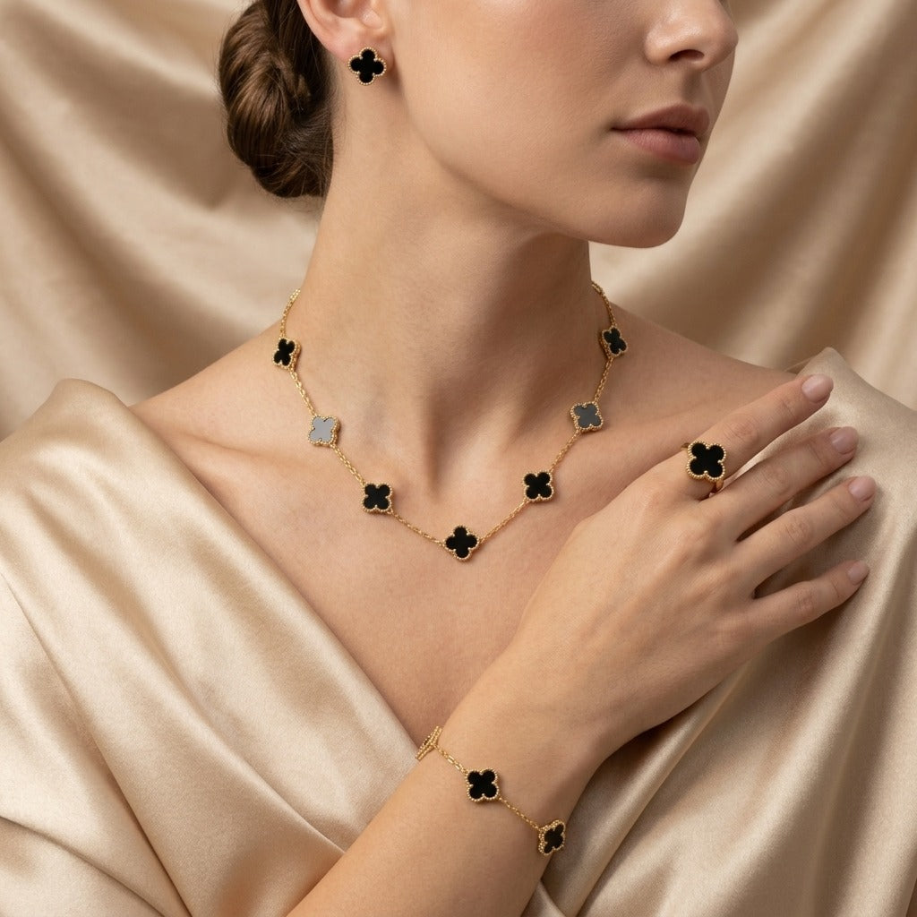 Elegant Black Four-Leaf Clover Jewellery Set | 4-Piece Gold-Plated Stainless Steel Necklace, Bracelet, Ring & Earrings | Anti-Tarnish