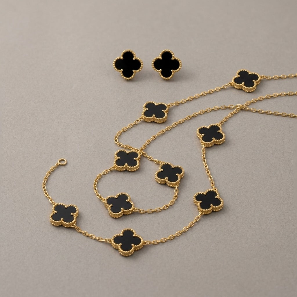 Elegant Black Four-Leaf Clover Jewellery Set | 4-Piece Gold-Plated Stainless Steel Necklace, Bracelet, Ring & Earrings | Anti-Tarnish