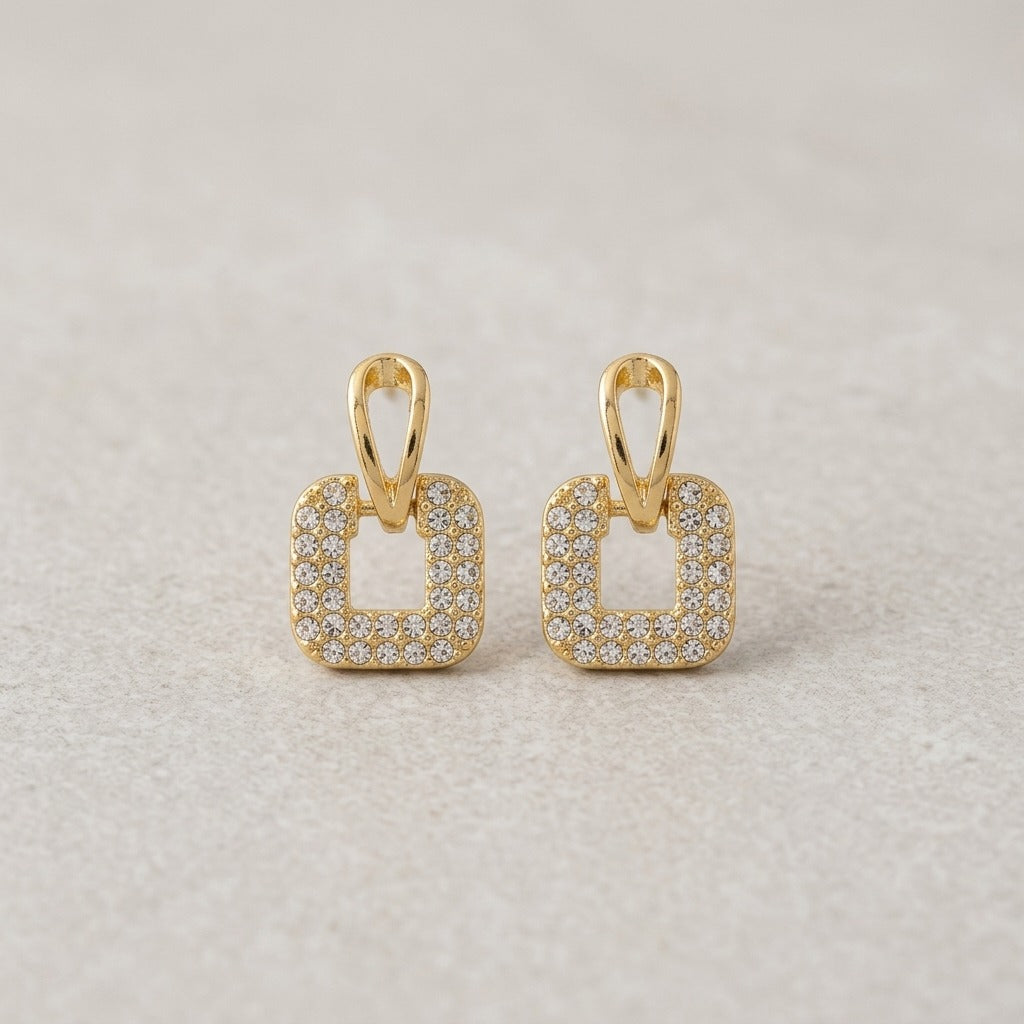 Gold-Plated Rhinestone Studded Geometric Earrings for Women | Lightweight Sparkling Square Drop Studs | Stylish Party & Everyday Jewellery
