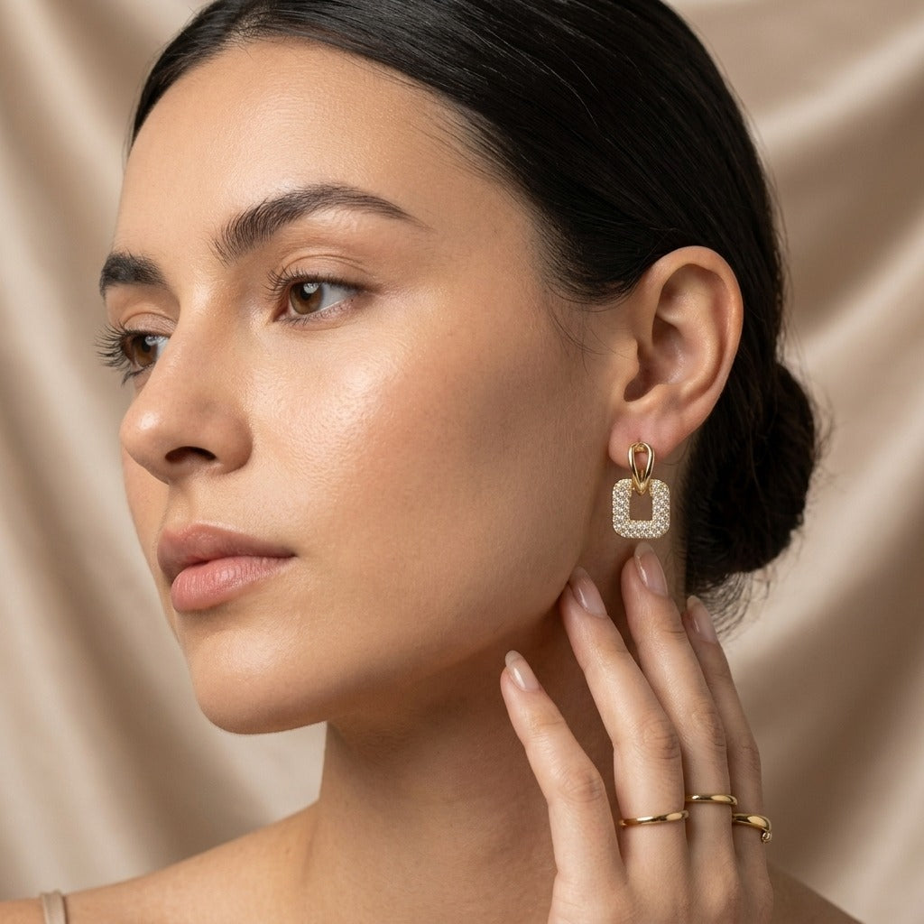 Gold-Plated Rhinestone Studded Geometric Earrings for Women | Lightweight Sparkling Square Drop Studs | Stylish Party & Everyday Jewellery