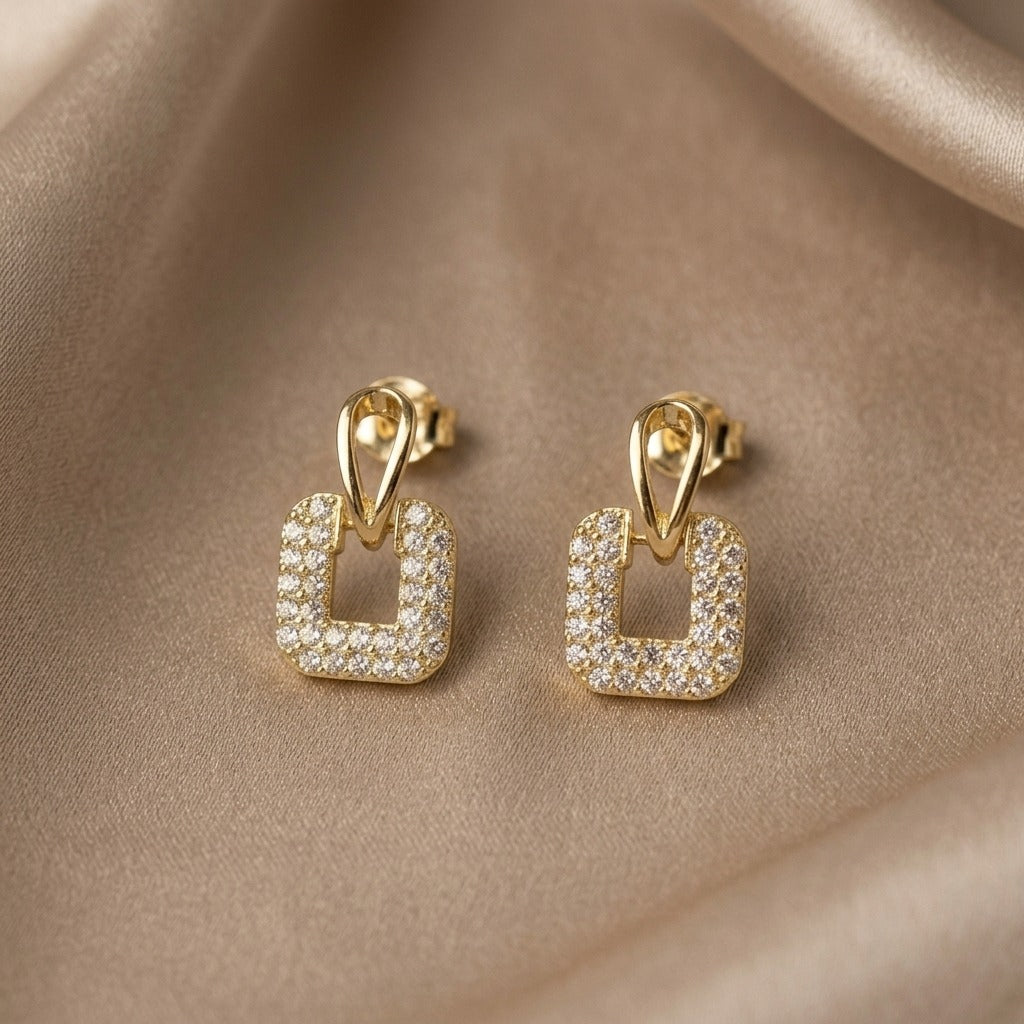 Gold-Plated Rhinestone Studded Geometric Earrings for Women | Lightweight Sparkling Square Drop Studs | Stylish Party & Everyday Jewellery