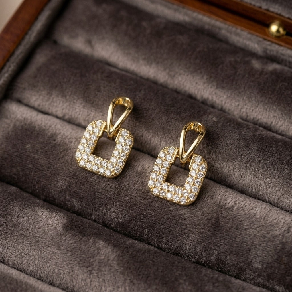 Gold-Plated Rhinestone Studded Geometric Earrings for Women | Lightweight Sparkling Square Drop Studs | Stylish Party & Everyday Jewellery
