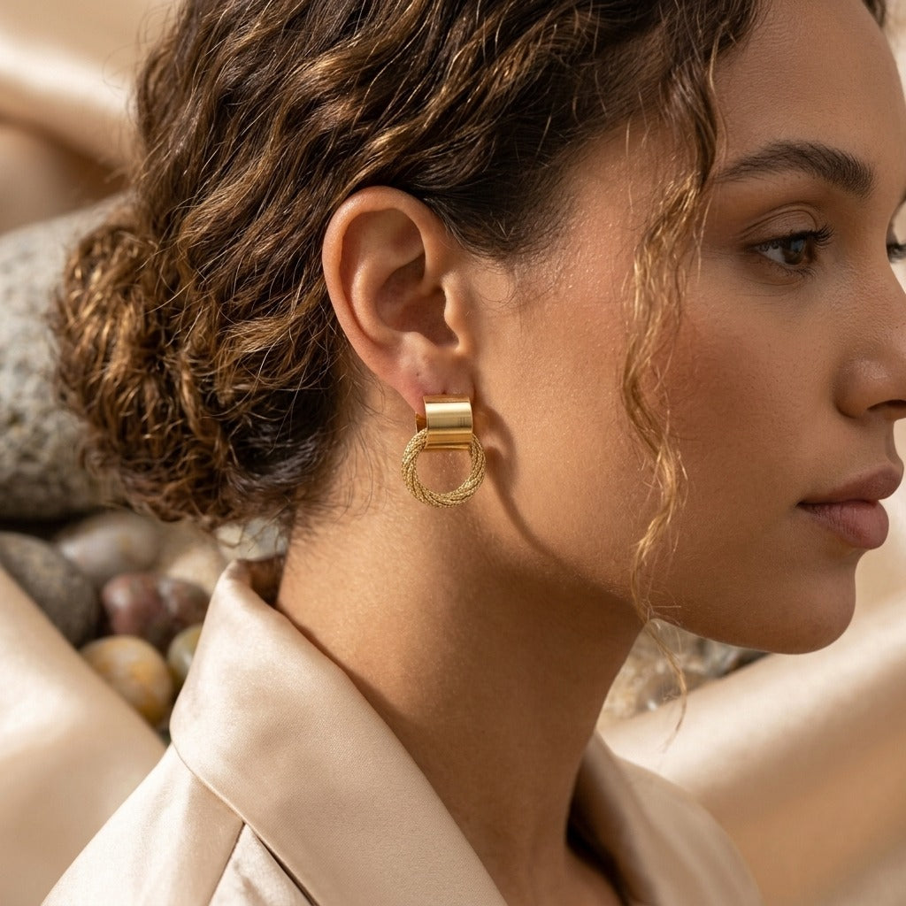Gold-Plated Textured Geometric Hoop Earrings for Women | Lightweight Twisted Loop Design | Elegant Everyday & Party Wear