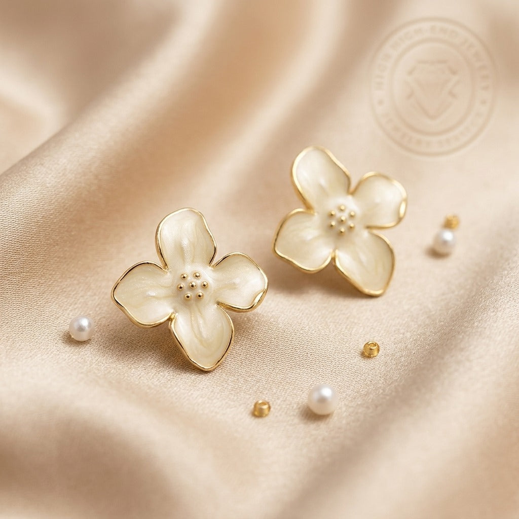 Korean Style White Enamel Flower Stud Earrings for Women | Gold-Tone Floral Design | Lightweight Cute & Elegant Everyday Jewellery