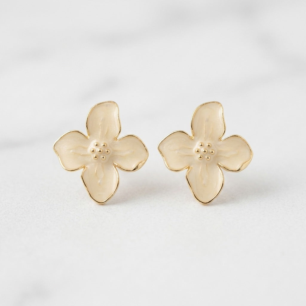 Korean Style White Enamel Flower Stud Earrings for Women | Gold-Tone Floral Design | Lightweight Cute & Elegant Everyday Jewellery