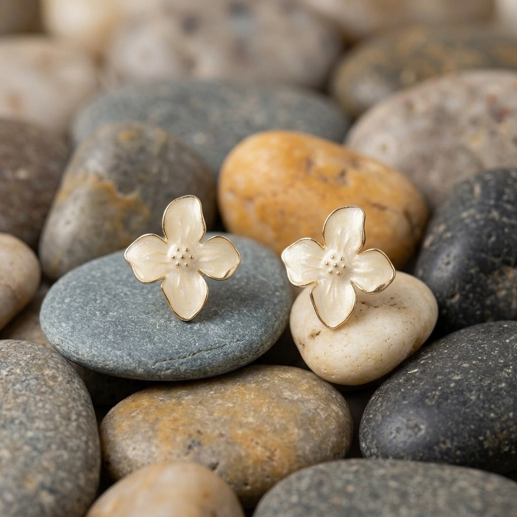 Korean Style White Enamel Flower Stud Earrings for Women | Gold-Tone Floral Design | Lightweight Cute & Elegant Everyday Jewellery