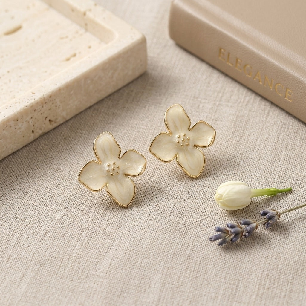 Korean Style White Enamel Flower Stud Earrings for Women | Gold-Tone Floral Design | Lightweight Cute & Elegant Everyday Jewellery