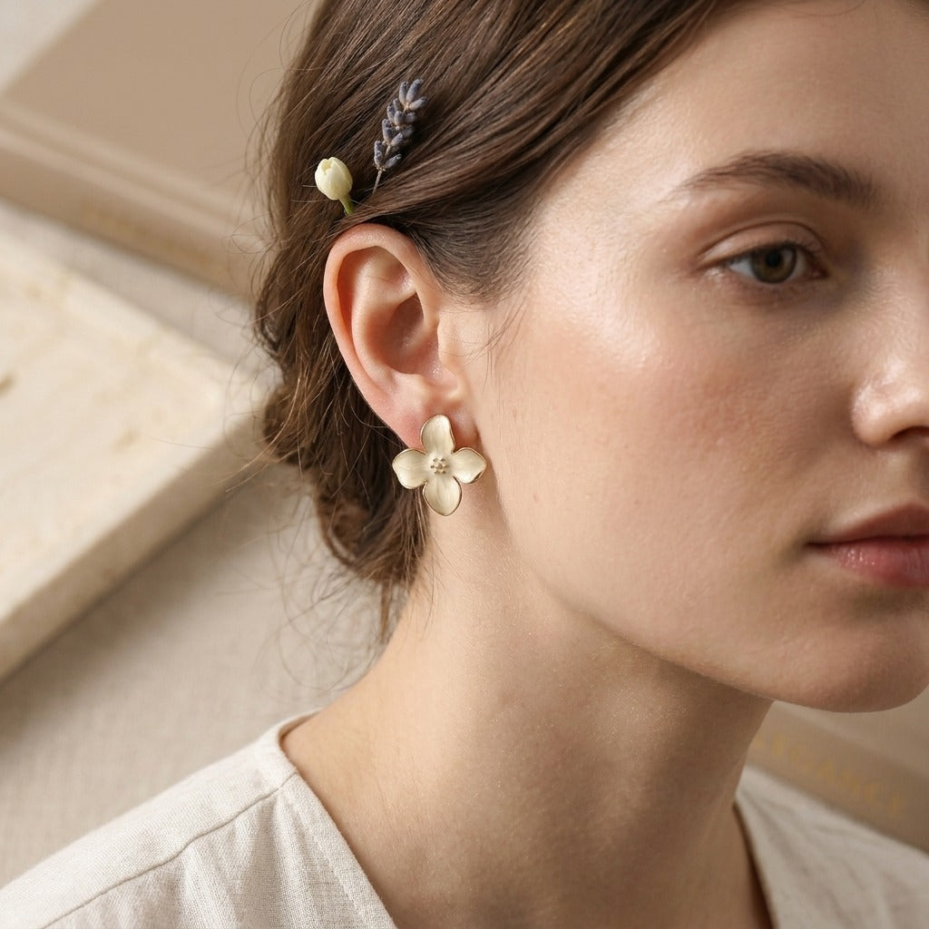 Korean Style White Enamel Flower Stud Earrings for Women | Gold-Tone Floral Design | Lightweight Cute & Elegant Everyday Jewellery