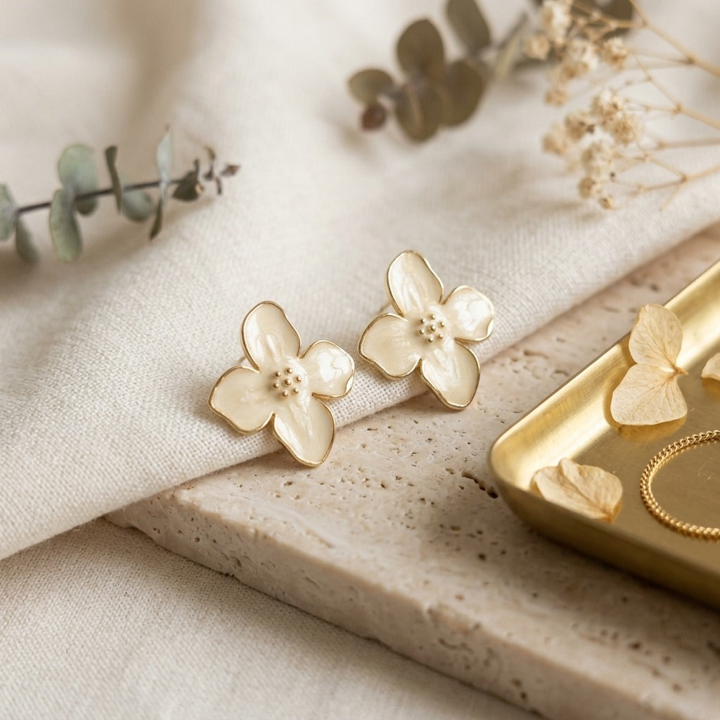Korean Style White Enamel Flower Stud Earrings for Women | Gold-Tone Floral Design | Lightweight Cute & Elegant Everyday Jewellery