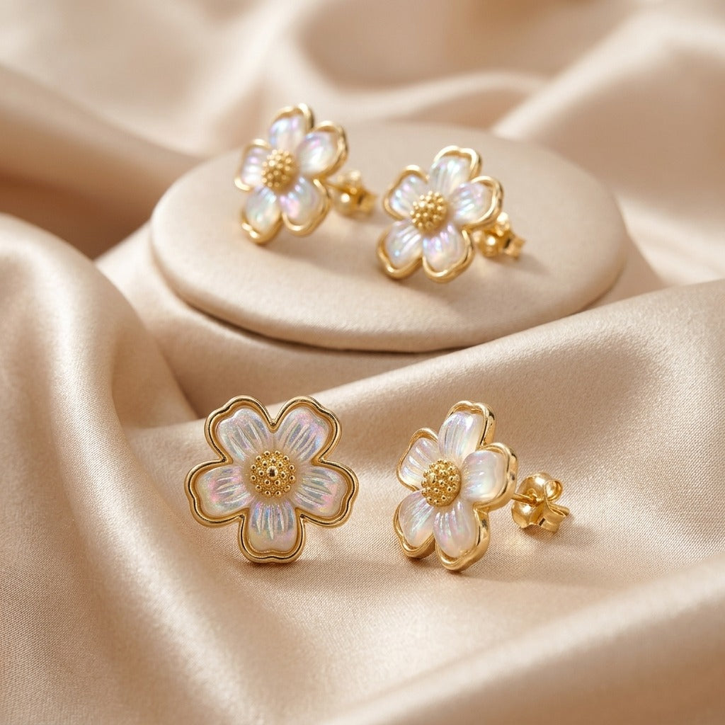 Korean Style Gold-Plated Pearl Flower Stud Earrings for Women | White Floral Enamel Earrings | Lightweight Trendy & Elegant Jewellery