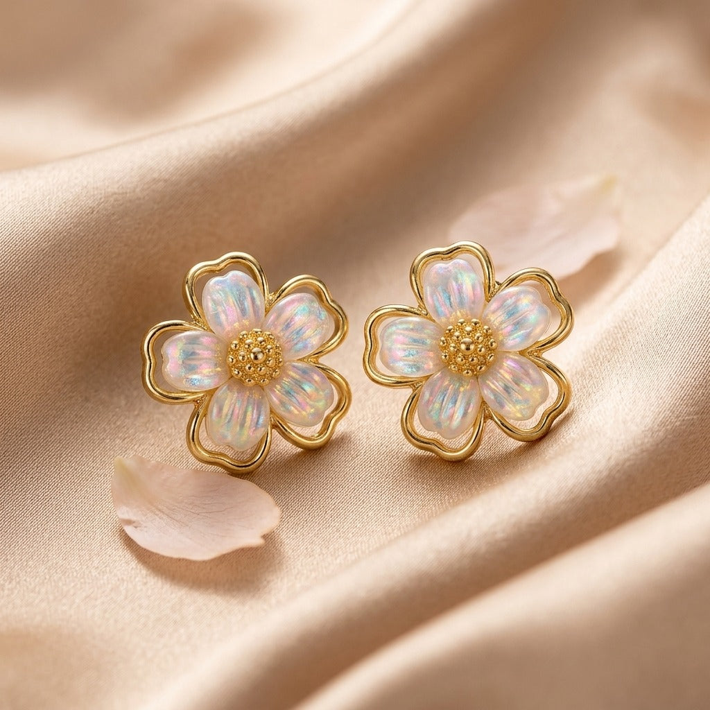 Korean Style Gold-Plated Pearl Flower Stud Earrings for Women | White Floral Enamel Earrings | Lightweight Trendy & Elegant Jewellery