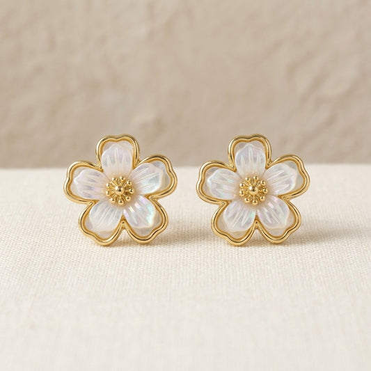 Korean Style Gold-Plated Pearl Flower Stud Earrings for Women | White Floral Enamel Earrings | Lightweight Trendy & Elegant Jewellery