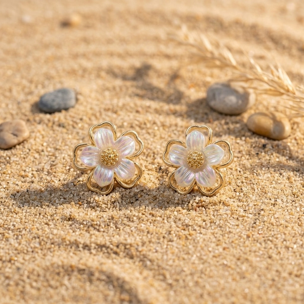 Korean Style Gold-Plated Pearl Flower Stud Earrings for Women | White Floral Enamel Earrings | Lightweight Trendy & Elegant Jewellery
