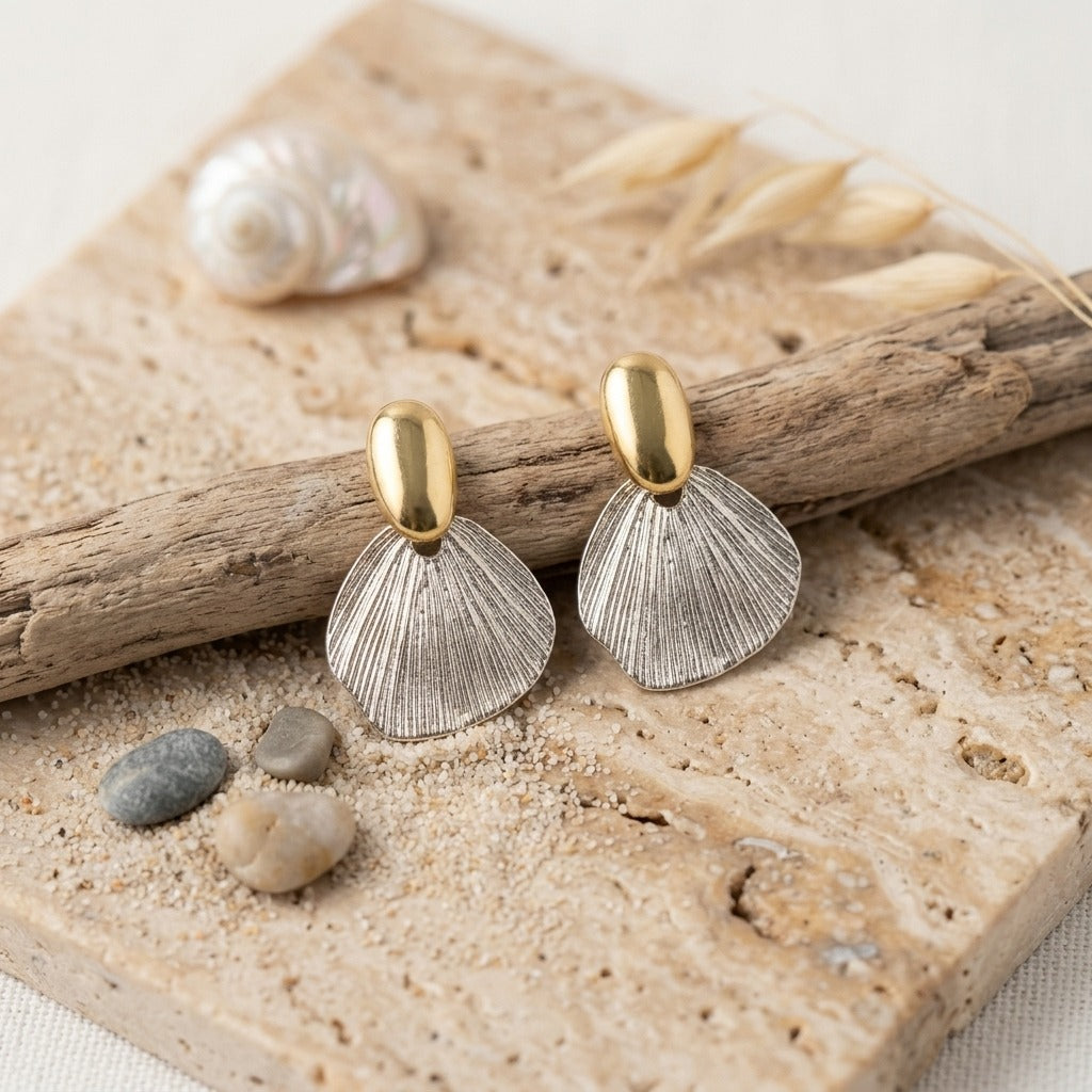 Gold-Tone Seashell Drop Earrings for Women | Textured Shell-Inspired Statement Earrings | Lightweight Coastal Minimalist Jewellery