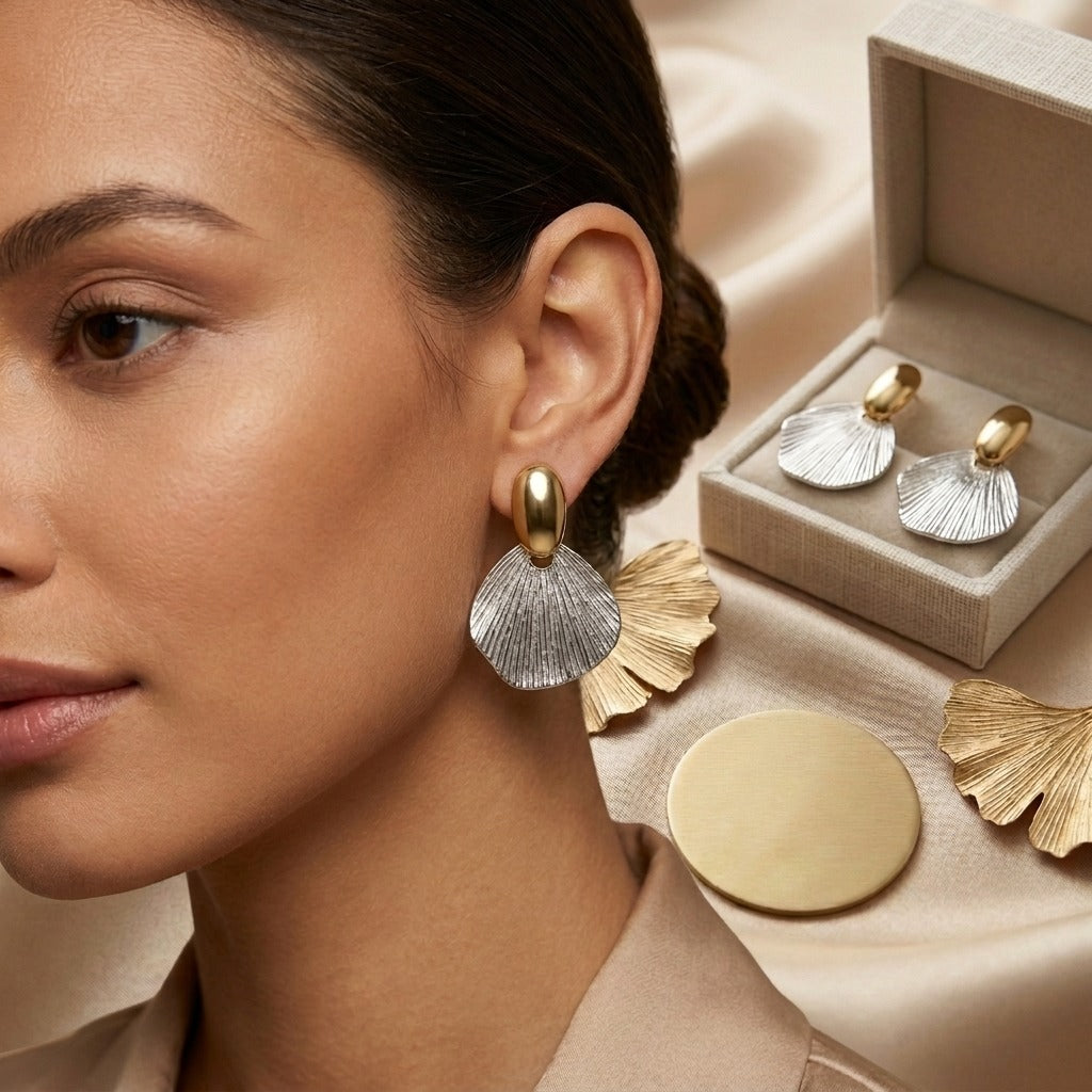 Gold-Tone Seashell Drop Earrings for Women | Textured Shell-Inspired Statement Earrings | Lightweight Coastal Minimalist Jewellery
