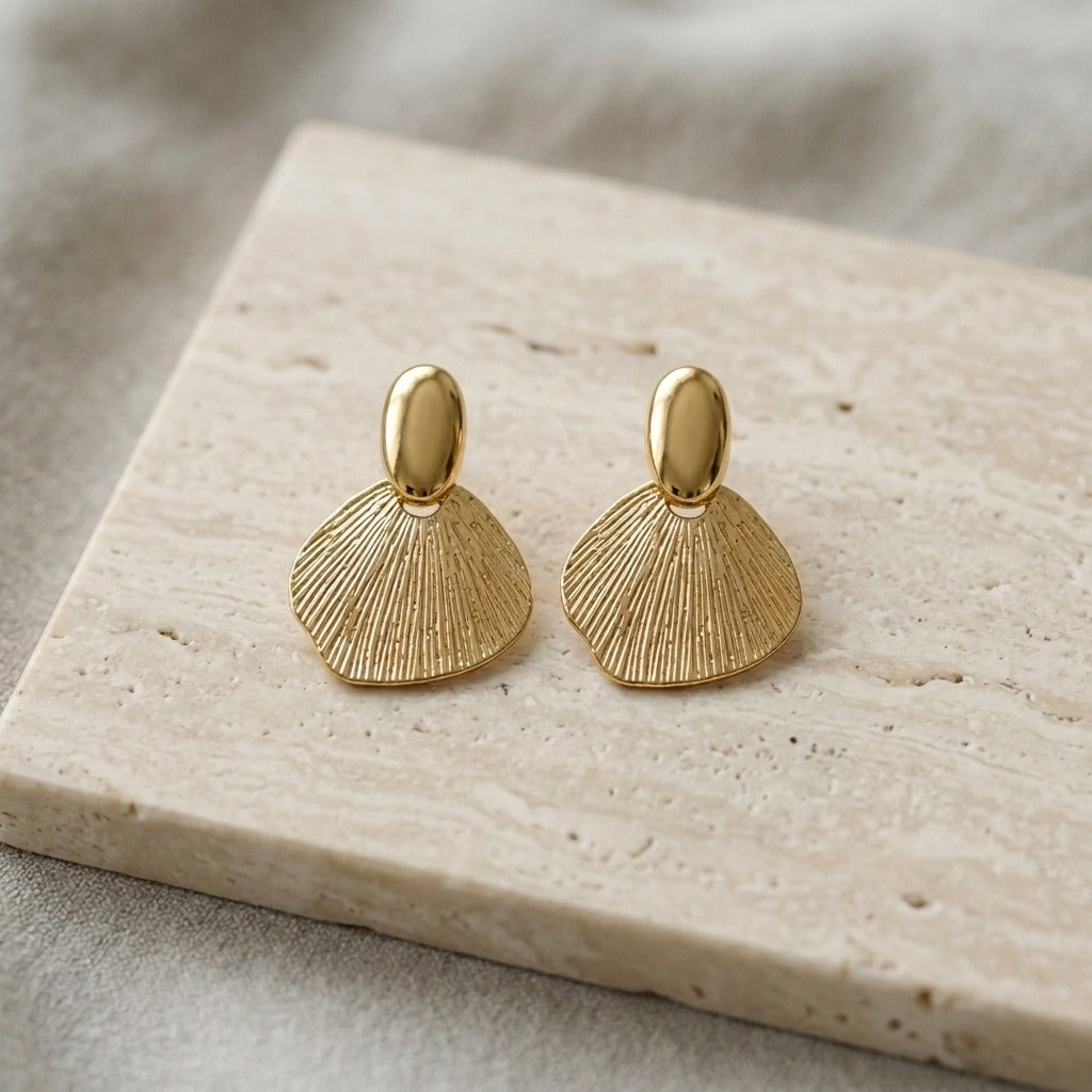 Korean Style Gold-Plated Shell Shaped Earrings for Women | Textured Fan Design Drop Studs | Lightweight Minimalist Statement Jewellery