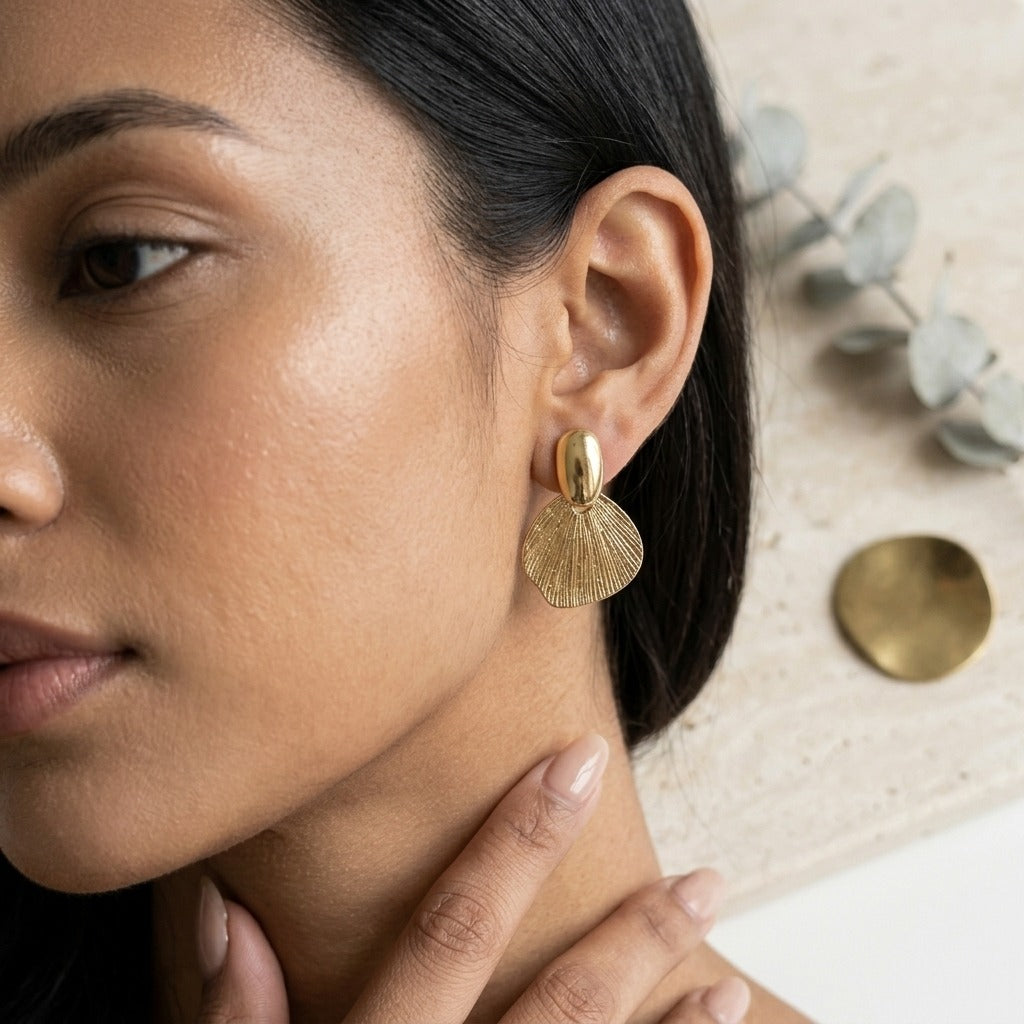 Korean Style Gold-Plated Shell Shaped Earrings for Women | Textured Fan Design Drop Studs | Lightweight Minimalist Statement Jewellery