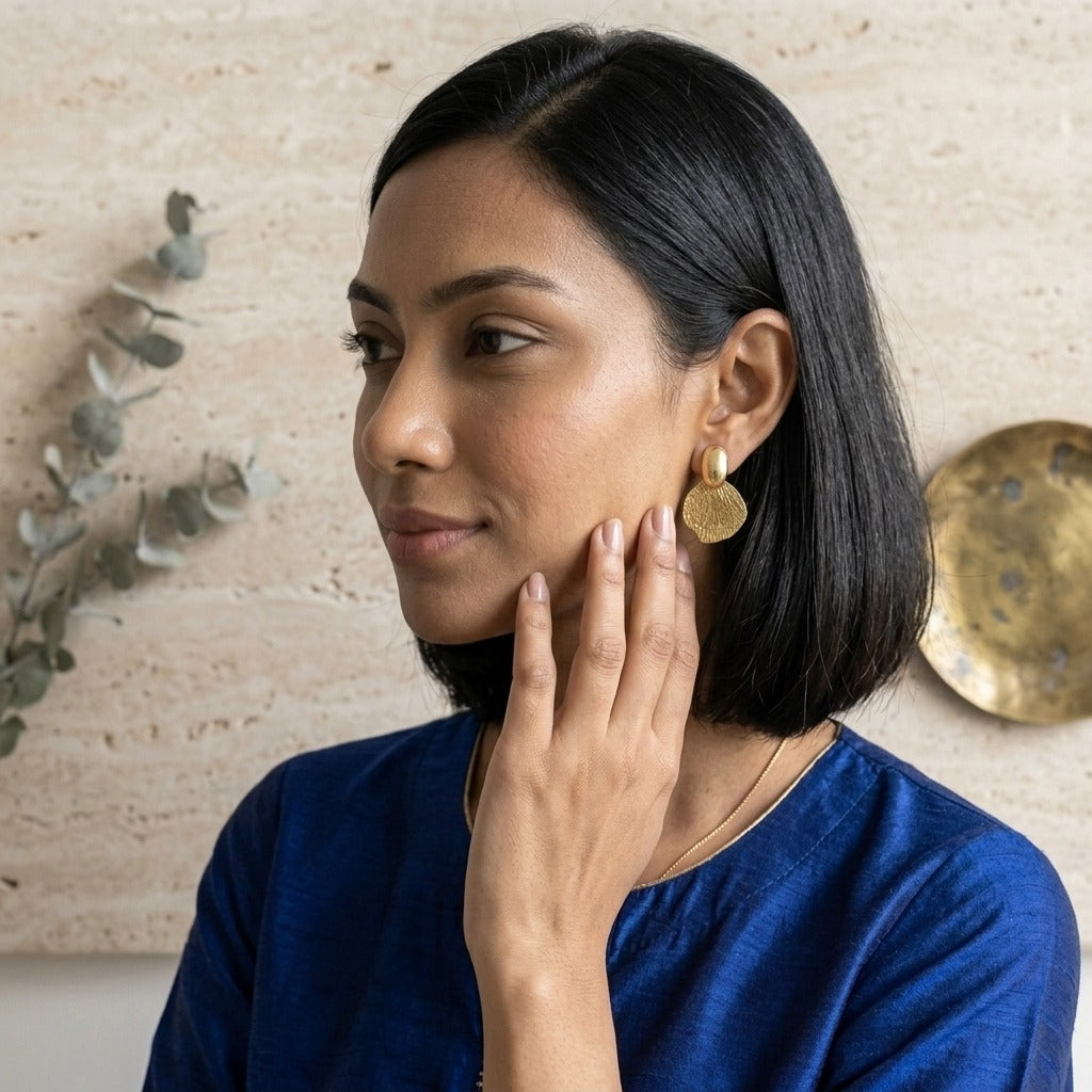 Korean Style Gold-Plated Shell Shaped Earrings for Women | Textured Fan Design Drop Studs | Lightweight Minimalist Statement Jewellery