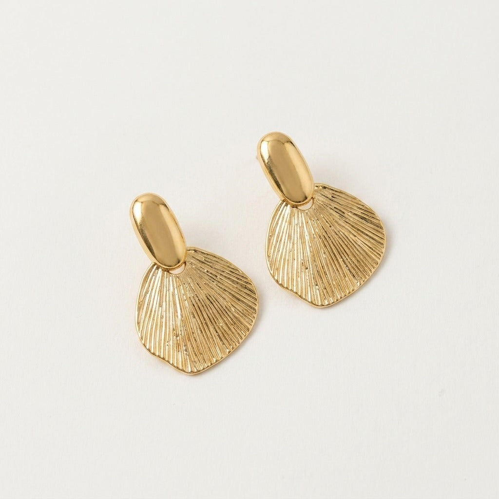 Korean Style Gold-Plated Shell Shaped Earrings for Women | Textured Fan Design Drop Studs | Lightweight Minimalist Statement Jewellery