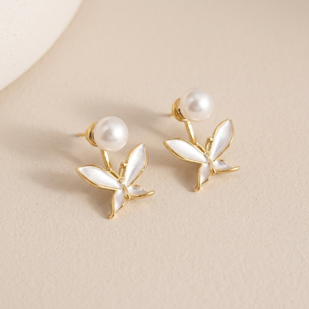 Korean Style Pearl Butterfly Earrings for Women | Gold-Plated White Enamel Butterfly Studs | Lightweight Cute & Elegant Jewellery