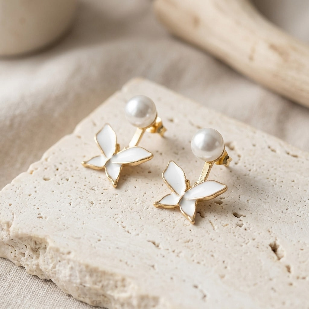 Korean Style Pearl Butterfly Earrings for Women | Gold-Plated White Enamel Butterfly Studs | Lightweight Cute & Elegant Jewellery