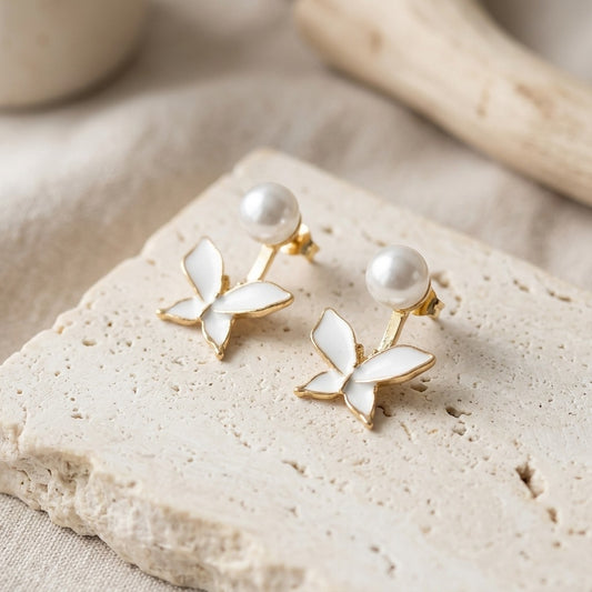 Korean Style Pearl Butterfly Earrings for Women | Gold-Plated White Enamel Butterfly Studs | Lightweight Cute & Elegant Jewellery