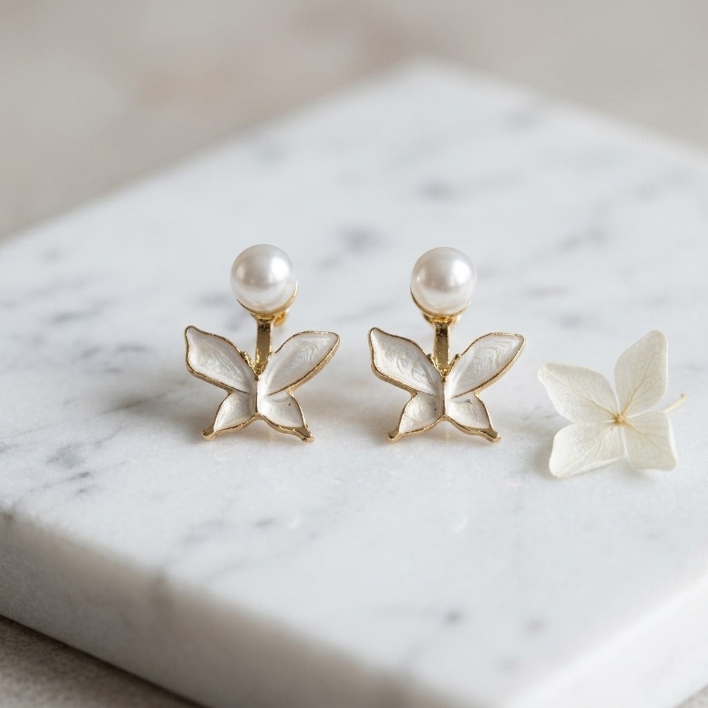 Korean Style Pearl Butterfly Earrings for Women | Gold-Plated White Enamel Butterfly Studs | Lightweight Cute & Elegant Jewellery