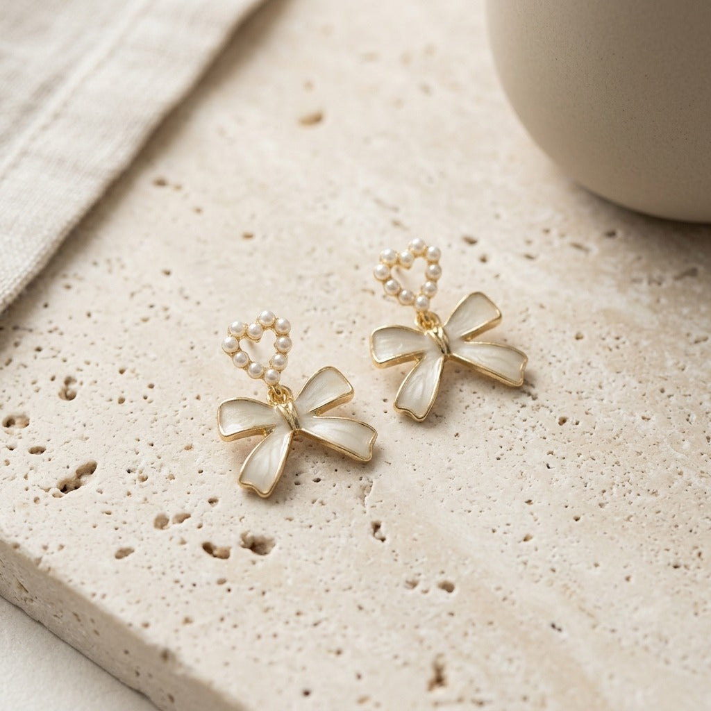 Korean Style Pearl Heart Bow Earrings for Women | White Enamel Ribbon Drop Earrings | Gold-Tone Coquette Jewellery