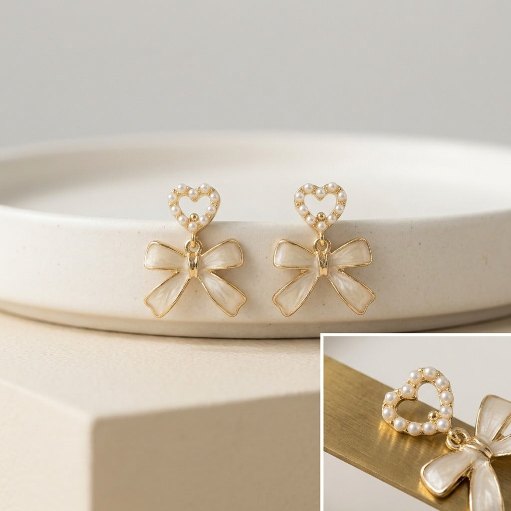Korean Style Pearl Heart Bow Earrings for Women | White Enamel Ribbon Drop Earrings | Gold-Tone Coquette Jewellery