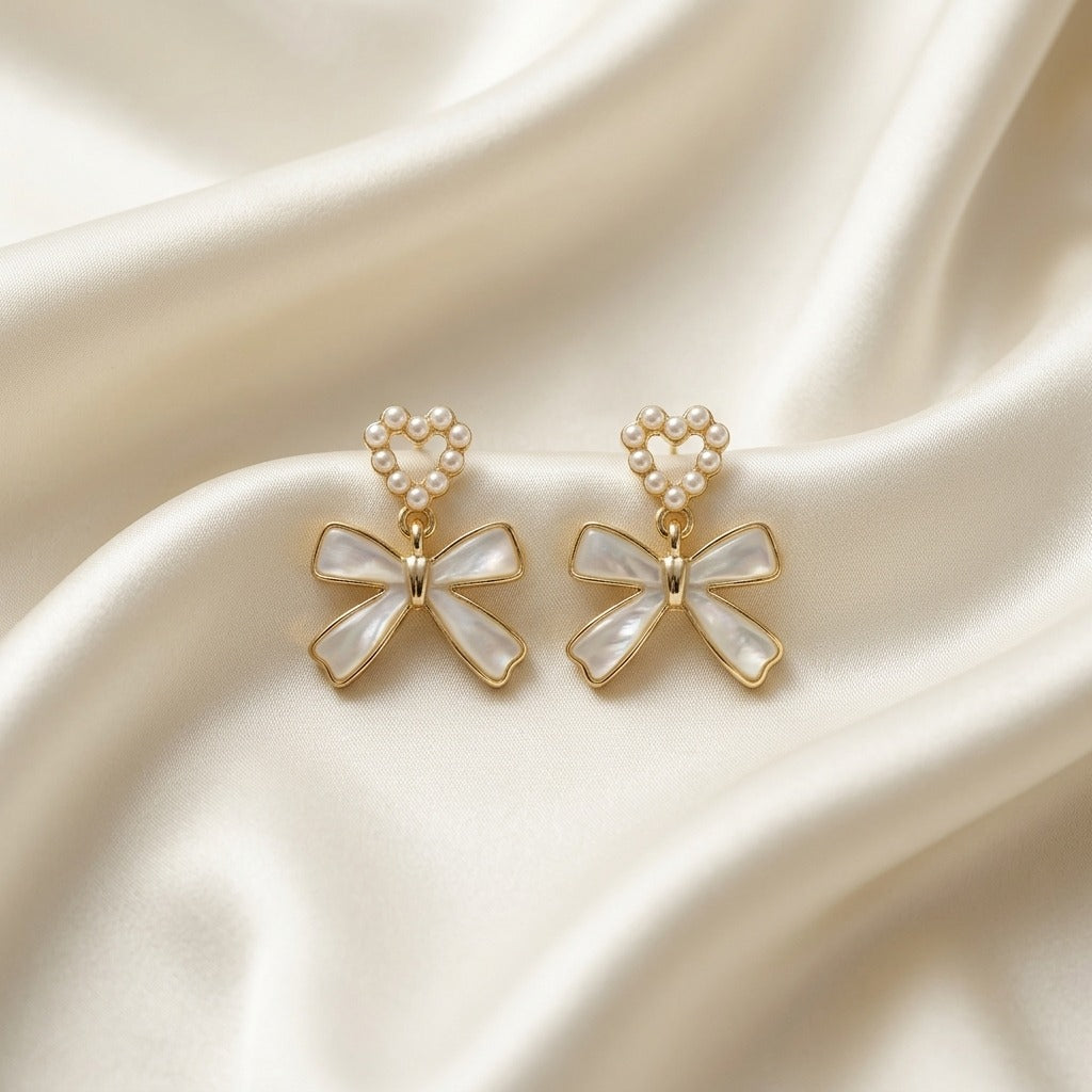 Korean Style Pearl Heart Bow Earrings for Women | White Enamel Ribbon Drop Earrings | Gold-Tone Coquette Jewellery