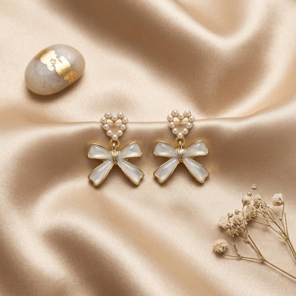 Korean Style Pearl Heart Bow Earrings for Women | White Enamel Ribbon Drop Earrings | Gold-Tone Coquette Jewellery