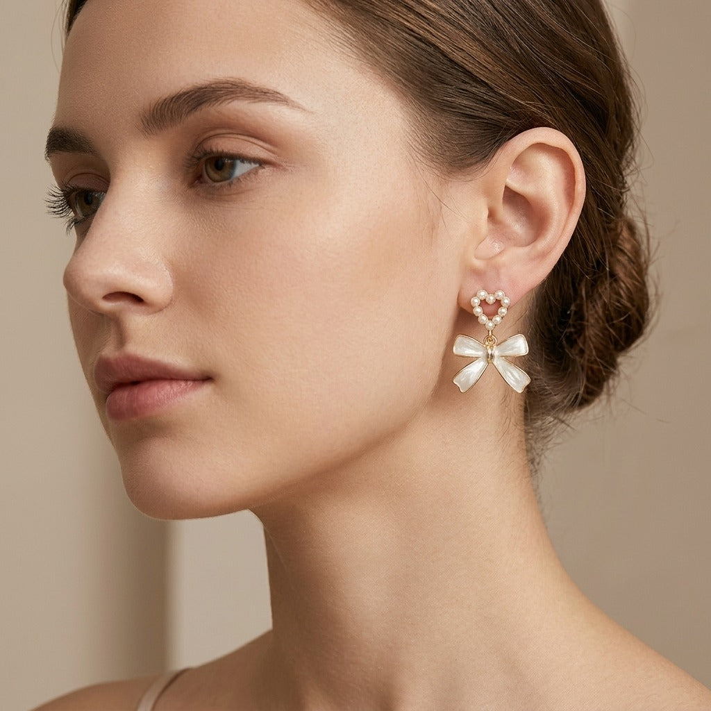 Korean Style Pearl Heart Bow Earrings for Women | White Enamel Ribbon Drop Earrings | Gold-Tone Coquette Jewellery