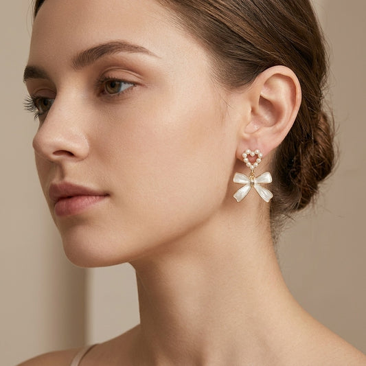 Korean Style Pearl Heart Bow Earrings for Women | White Enamel Ribbon Drop Earrings | Gold-Tone Coquette Jewellery