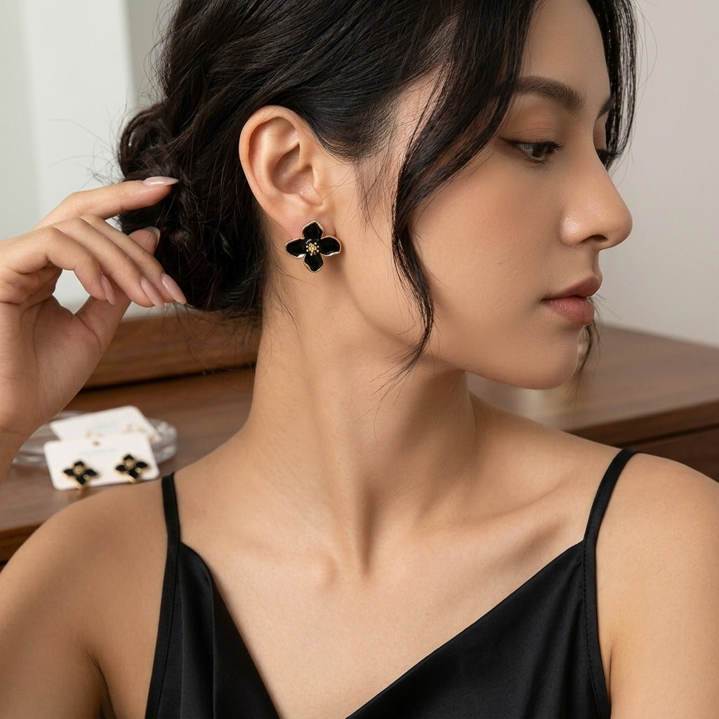 Korean Style Black Flower Earrings for Women | Gold-Plated Black Enamel Floral Studs | Lightweight Elegant & Trendy Jewellery
