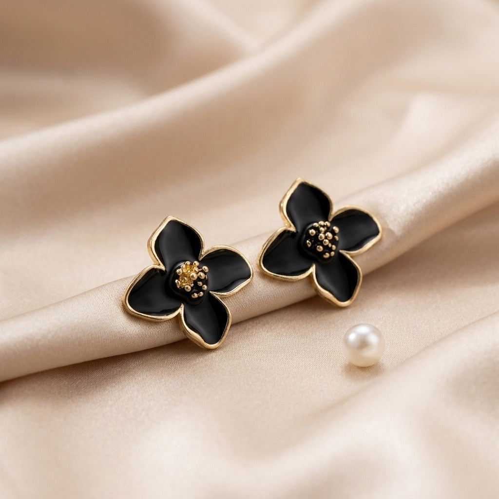 Korean Style Black Flower Earrings for Women | Gold-Plated Black Enamel Floral Studs | Lightweight Elegant & Trendy Jewellery