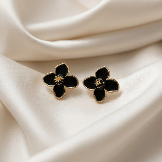 Korean Style Black Flower Earrings for Women | Gold-Plated Black Enamel Floral Studs | Lightweight Elegant & Trendy Jewellery