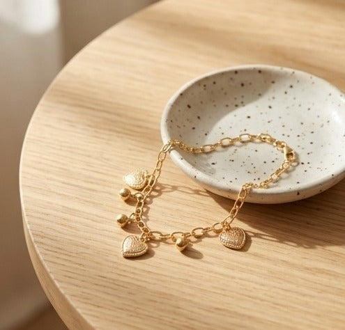 Korean Style Gold Heart Charm Bracelet for Women | Dainty Link Chain Bracelet | Cute & Trendy Everyday Jewellery
