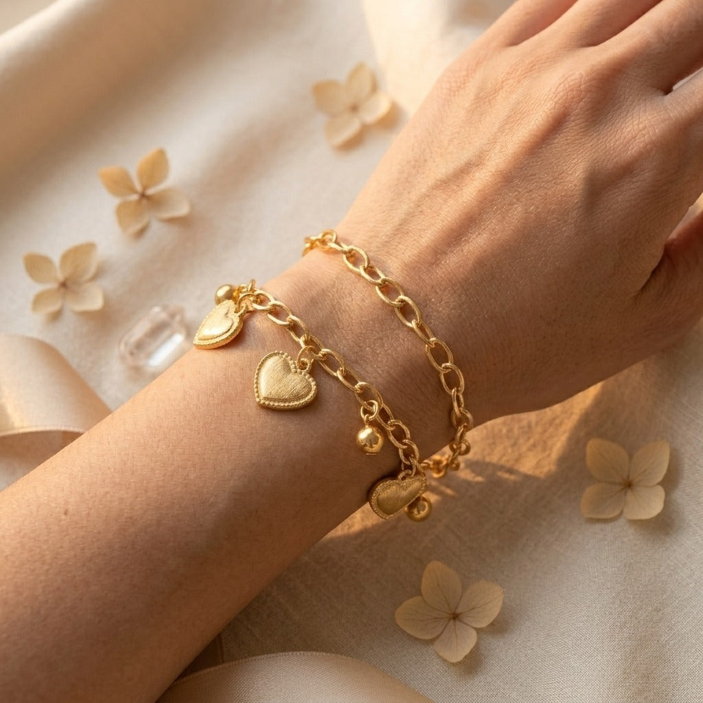 Korean Style Gold Heart Charm Bracelet for Women | Dainty Link Chain Bracelet | Cute & Trendy Everyday Jewellery