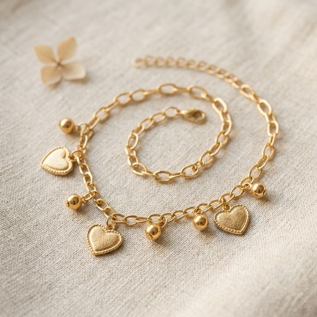 Korean Style Gold Heart Charm Bracelet for Women | Dainty Link Chain Bracelet | Cute & Trendy Everyday Jewellery