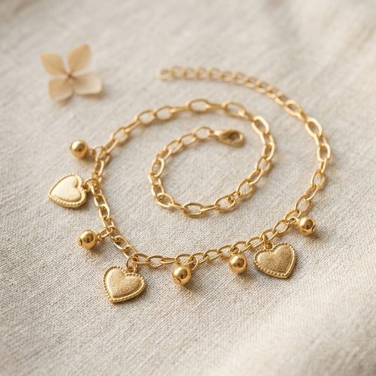 Korean Style Gold Heart Charm Bracelet for Women | Dainty Link Chain Bracelet | Cute & Trendy Everyday Jewellery