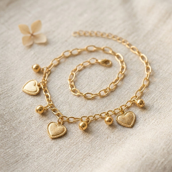 Korean Style Gold Heart Charm Bracelet for Women | Dainty Link Chain Bracelet | Cute & Trendy Everyday Jewellery