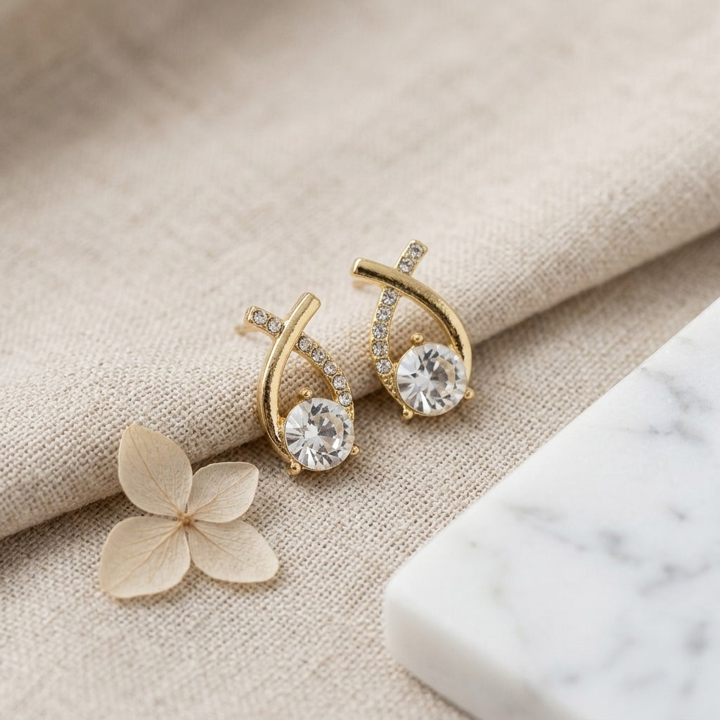 Gold Crystal Drop Earrings for Women | CZ Studded Teardrop Earrings | Elegant Party & Korean-Inspired Fashion Jewellery